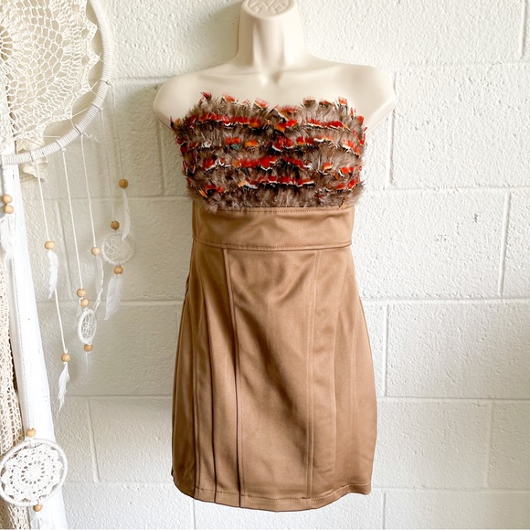NWOT Strapless Golden Brown Feather Bust Mini Dress - Picture 5 of 12